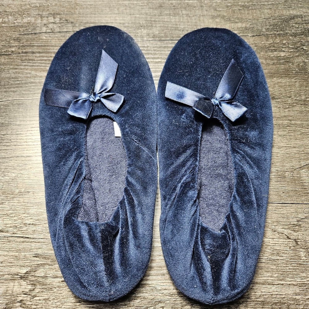Womens Navy Velvet Ballet Slippers Satin Bow Size XL 9.5-10.5 Washable New
